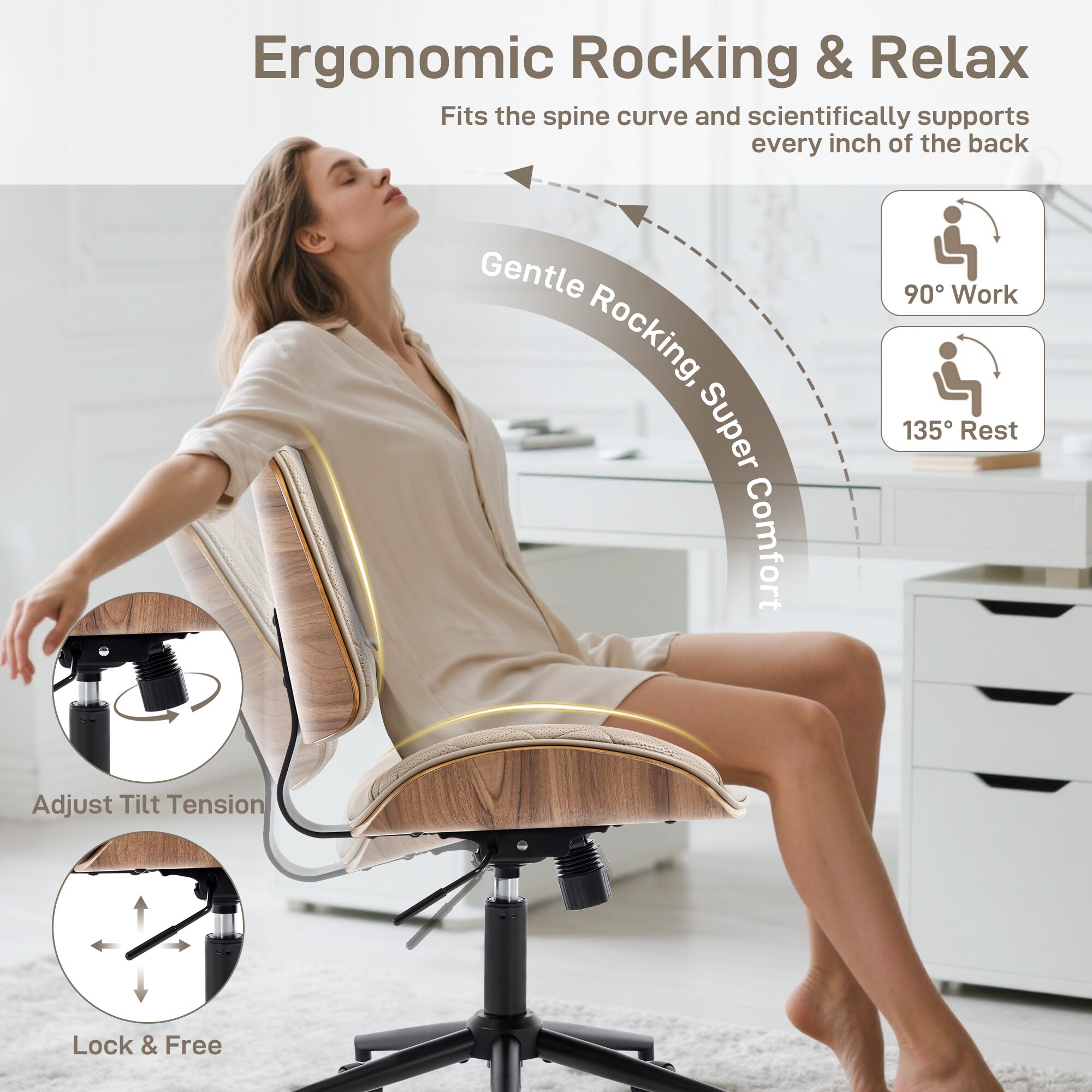 Armless Office Chair With Wheels, Adjustable Height Mid Back Small Desk Chair, Modern Walnut Bentwood Back, PU Leather Swivel Rolling Computer Task Chair For Home Office, Meeting Room, Study, Set Of 1_voghion.com